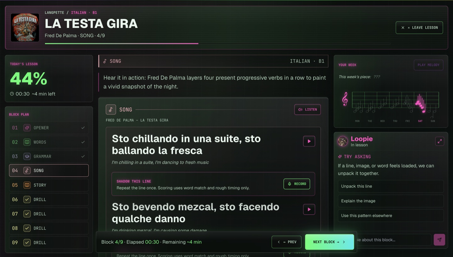 AI-built song lesson: vocabulary, grammar, and story practice