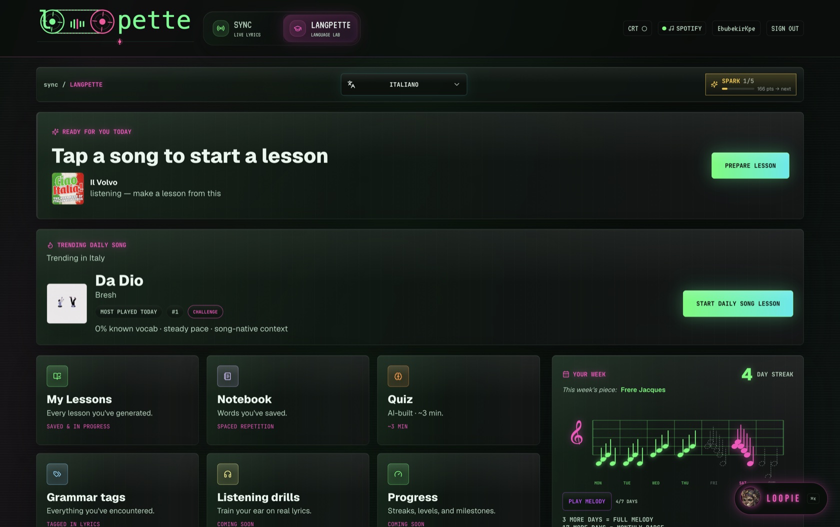 Loopette language lab, tap a song to start a lesson